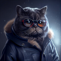 chic cat charisma wearing coat, wearing sunglasses, funny, fashion, pic as wallpaper, poster, t shirt and others