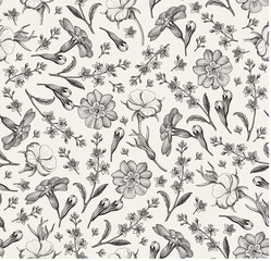 Seamless pattern. Realistic blooming isolated flowers Vintage fabric background. Beautiful Agrostemma Primrose Croton wildflowers. Wallpaper baroque. Drawing engraving. Vector victorian Illustration   © Наталья Лобенко