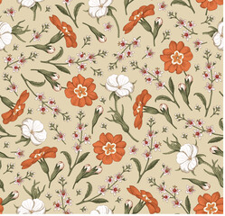 Seamless pattern. Realistic blooming isolated flowers Vintage fabric background. Beautiful Agrostemma Primrose Croton wildflowers. Wallpaper baroque. Drawing engraving. Vector victorian Illustration   © Наталья Лобенко