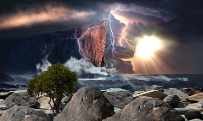   stormy sea at sunset lightening  wild nature dramatic cloudy sky sun beam tree on  rock and ocean water wave dramatic nature landscape generated ai