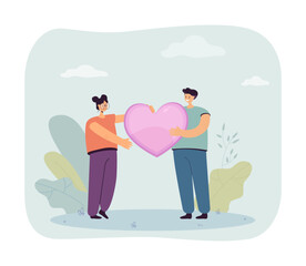 Teen cartoon couple holding big pink comic heart together. Happy boyfriend and girlfriend standing together flat vector illustration. Love, relationship, Valentines day, togetherness concept