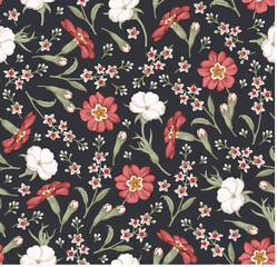 Seamless pattern. Realistic blooming isolated flowers Vintage fabric background. Beautiful Agrostemma Primrose Croton wildflowers. Wallpaper baroque. Drawing engraving. Vector victorian Illustration   © Наталья Лобенко