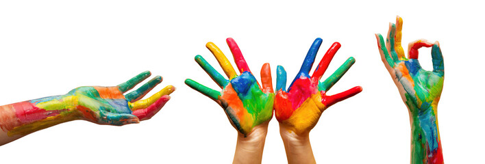 Hands painted in colorful paint in gestures collection, set on transparent white background