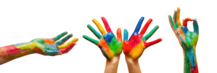 Hands painted in colorful paint in gestures collection, set on transparent white background