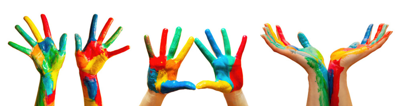 Hands painted in colorful paint in gestures collection, set on transparent white background