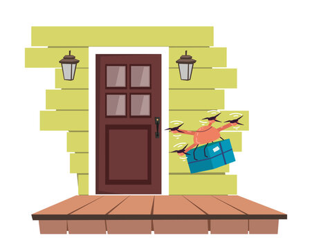 Drone Delivering Package To Door Step Vector Illustration. Cartoon Drawing Of Quadcopter Carrying Parcel On White Background. Technology, Delivery, Innovation, Transportation Concept