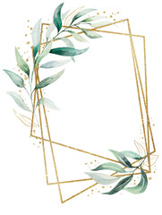 Geometric golden frame made of green watercolor leaves, isolated wedding illustration, copy space