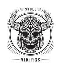 Detailed vector illustration of skull Viking in black and white color