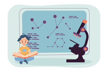 Cartoon boy reading textbook next to huge microscope. Scientific research, child character sitting with book and studying flat vector illustration. Education, biology, chemistry, science concept