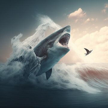 Big white shark is breaching a wave in the ocean