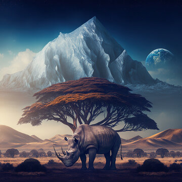 Rhino standing on a plain with a ice-capped mountain in the background