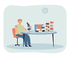 Scientist working at desk flat vector illustration. Cartoon male character sitting at table with microscope and books. Laboratory or office for studying. Science, education, knowledge concept