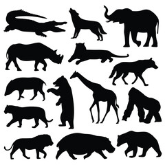Big set vector illustration of wild animals silhouette isolated in white transparent background. Black and white character. 