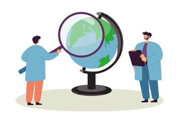 Man studying world globe with magnifier vector illustration. Teacher quizzing student on geography isolated on white background. Science, education, school, knowledge concept