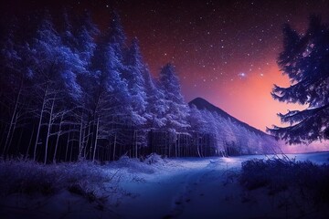 Beautiful snow-covered forest at night, fir trees, pines. Mountains and the moon.
