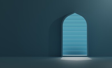 3D rendering sunlight with dome door and moon star Al- Qur'an ramadan kareem and eid mubarak background