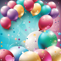 Festive background with colored balloons, confetti and copy space. Generative AI.