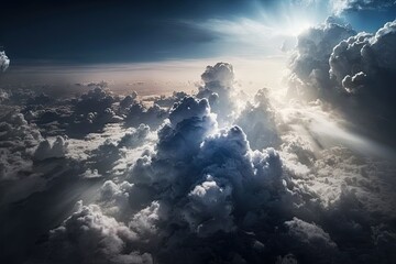 Naklejka premium Stormy art sky with dramatic clouds from an approaching thunderstorm at sunset.Generated AI