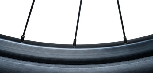 Close up of a new clean bicycle wheel rim and three spokes with a transparent background. Shows a three spokes and a black colored rim with a bright highlight.
