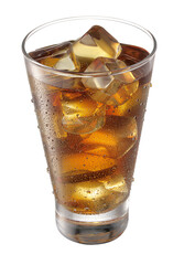 Copo de vidro suado com refrigerante com pedras de gelo em fundo transparente - copo de refrigerante gelado