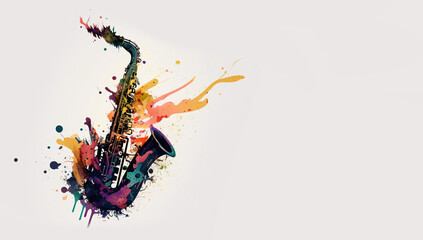 Saxophone. colorful paint splash illustration isolated on white background. Banner. copy space. Generative AI