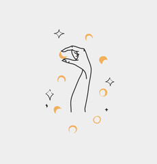 Hand drawn vector abstract outline,graphic,line art magic human hand with moon and stars logo in minimalistic modern style.Moon and stars sign outline design concept.Outline moon silhouette isolated.