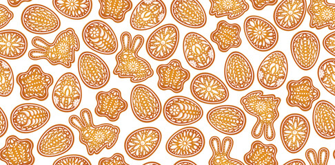 Easter eggs background. Color painted egg, rabbit, star. Easter symbol. Egg color gingerbread cookies. Egg hunt vector illustration. Happy Easter day backdrop. Gingerbread cookies background.