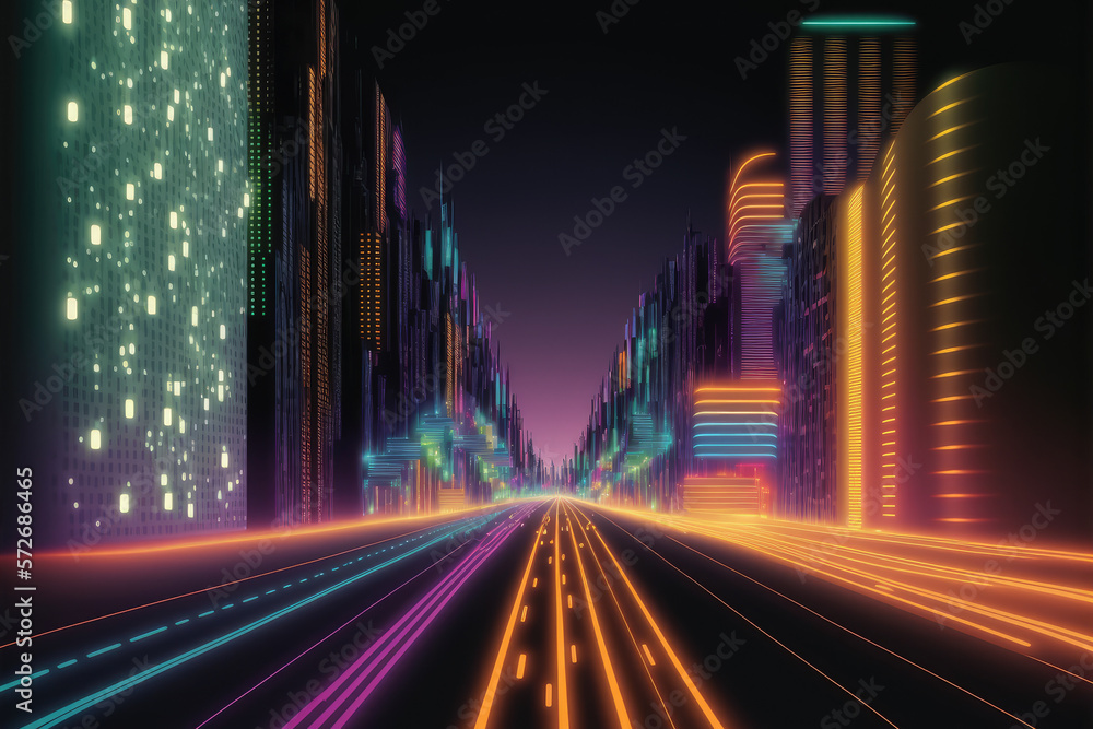 Poster abstract highway path through digital smart city graphic design. peculiar ai generative image.