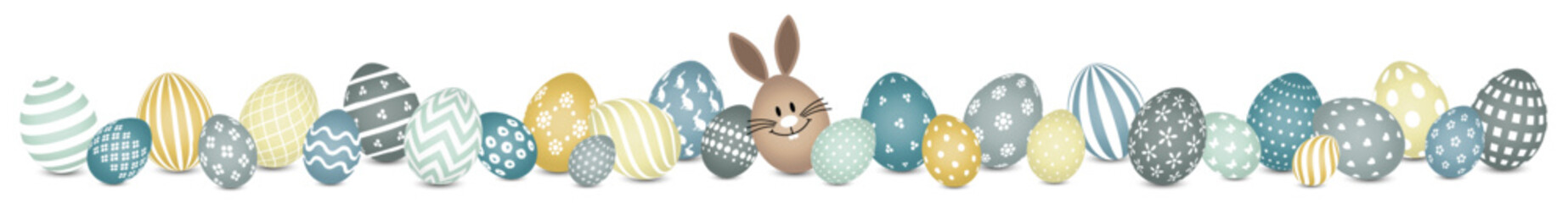 Braunes Hasenei & 28 Ostereier Muster Banner Senf Petrol Grau Und Weiß
