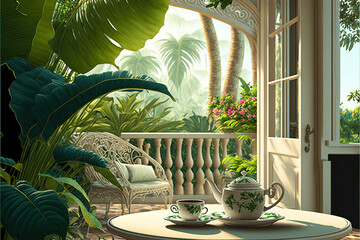 Beautiful summer veranda, green garden on a sunny day.