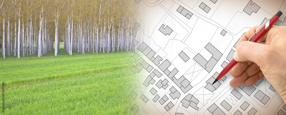 Aufkleber imaginary topographic cadastral map and land parcels of territory with trees on background and build