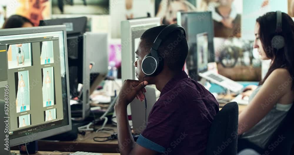 Poster photography design, editing software of a man working with headphones in a office. photo editor work