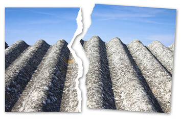Against asbestos material - concept with a ripped photo of a dangerous asbestos roof