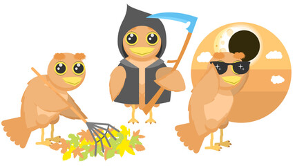 Set Abstract Collection Flat Cartoon Different Animal Nightjar Picking Up Leaves With A Rake, Grim Reaper, Looking At A Solar Eclipse With Glasses Vector Design Style Elements Fauna Wildlife