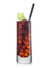 Cuba Libre Cocktail in highball glass with ice cubes and slices of lime with black straw on white.