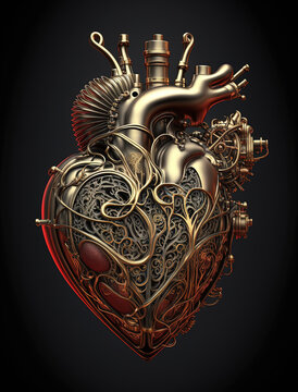 Ornate gold mechanical human heart on black background by generative AI