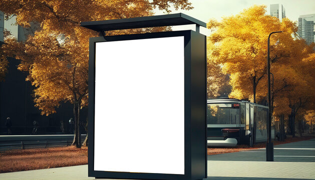 An empty billboard signage mockup in urban environment. Autumn season. Generative ai.