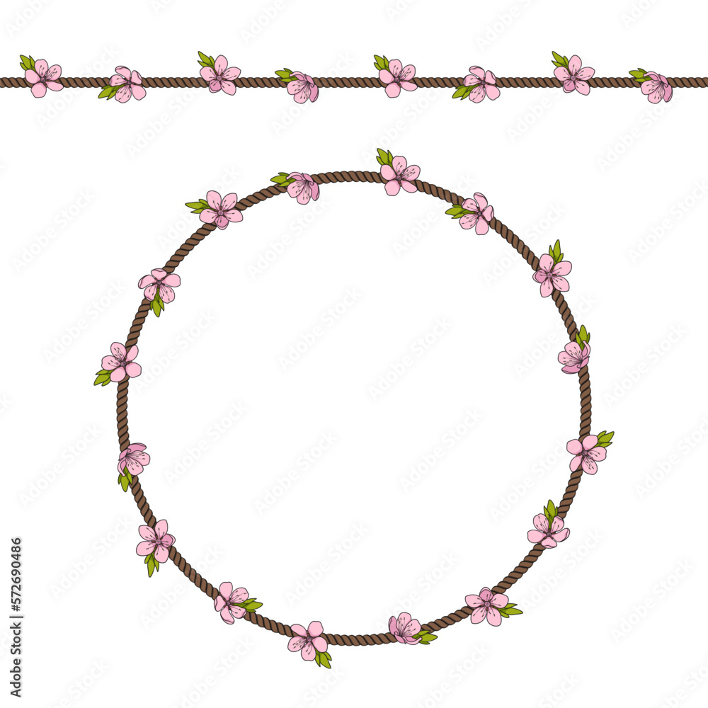 Poster seamless pattern with net of the cord and pink spring flowers. colored vector background with object