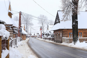 CHOCHOLOW, POLAND - FEBRUARY 09, 2023: Wooden architecture of Chocholow, willage near the Zakopane, Poland.
