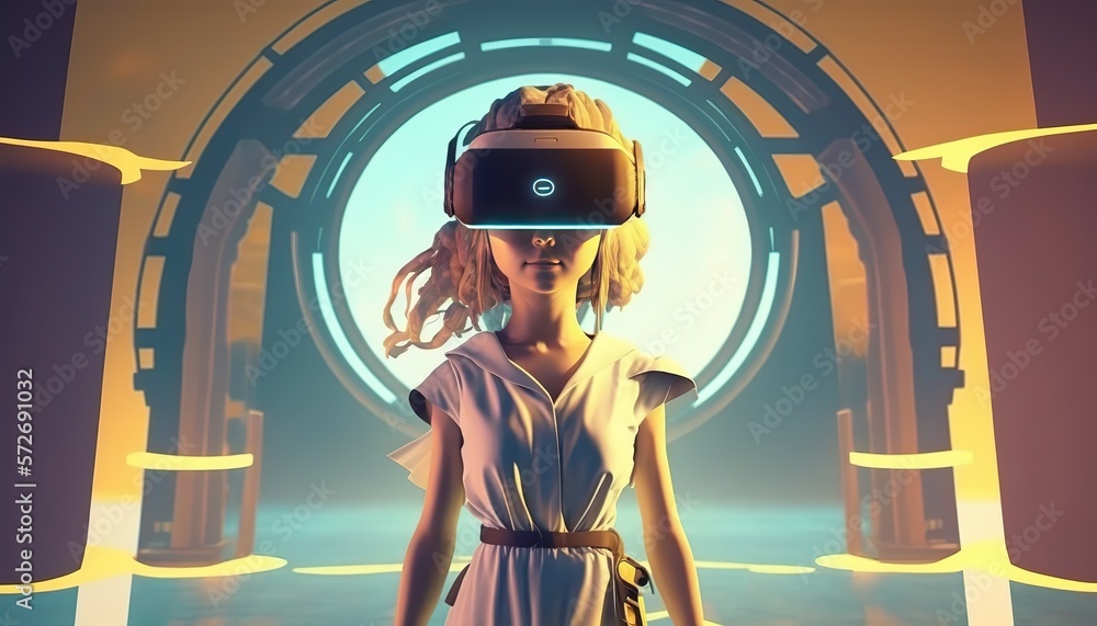 Poster metaverse concept and virtual world elements. silhouette of a human face in augmented or virtual rea