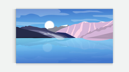 Fototapeta premium Mountain ,sky reflecting on a lake water beautiful landscape background , vector design illustration . Landscape, Illustrated with Hills or Mountains, Lake Water, Blue Sky, Blue Background. Nature