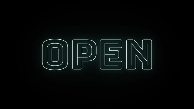 Open text with neon effect in black background. Seamless loop video