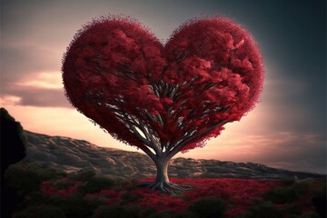 Fototapeta na wymiar Tree shaped heart. Declaration of love, balloon flight, anniversary, Symbol of love, February 14, valentine's day. Illustration in high quality. Generative AI