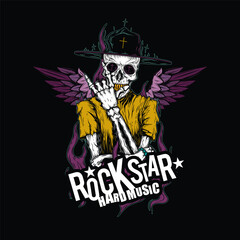 Original vector illustration. A skeleton with a hat and wings on his back. T-shirt design.
