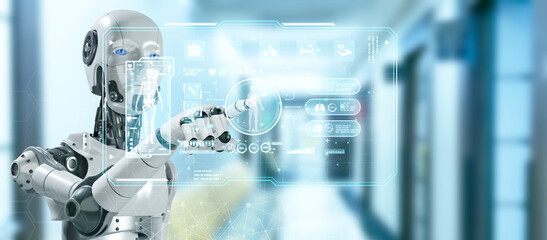 The robot experiences a virtual interface with human body analysis. Digital healthcare and network connectivity on a modern interface. medical technology and futuristic concept