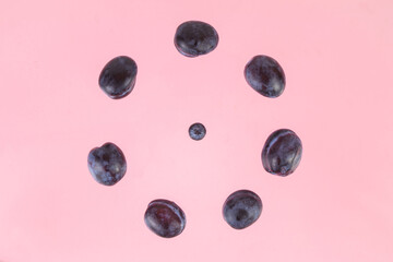 Plums arranged in a circle. Pink background. Concept of berries season and proper nutrition.