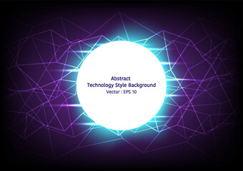 Abstract technology style background, glowing circle with connected wireframe polygon, purple color tone