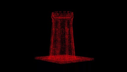 3D medieval tower on black bg. Object dissolved red flickering particles. Business backdrop. Science concept. Abstract bg title, presentation. Holographic screensaver. 3D animation
