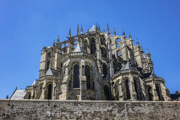 Architectural fragments of Le Mans Roman Catholic cathedral of Saint Julien (Cathedrale St-Julien du Mans, VI - XIV century). Le Mans, Pays de la Loire region in France.