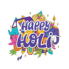 Happy Holi lettering quote decorated with doodles. Good for posters, prints, cards, stickers, invitations, banners, etc. EPS 10
